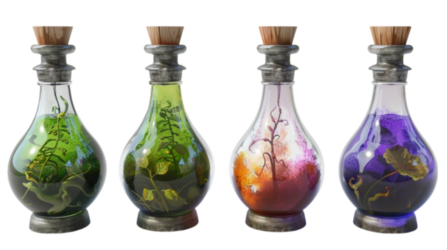 Various magical and misterious potion bottle isolated on white background 