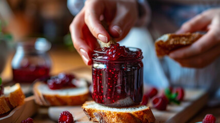 A closeup of a hand holding a small jar of homemade jam ready to be spread on freshly baked bread. - Powered by Adobe