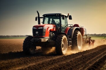 Farmer plow fields with tractor machines, agriculture, farming and harvesting concept