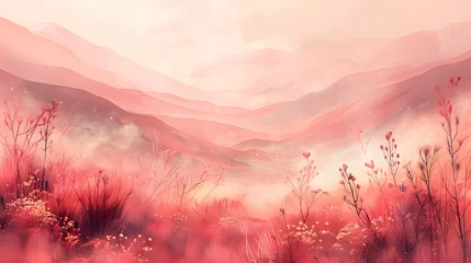 Foto op Plexiglas A natural landscape painting of a field with mountains in the background, under a pink and orange sky at dusk, with a hint of afterglow © Oleksandra