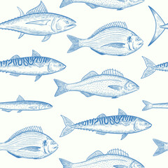 Seamless pattern with sea fishes species. Seafood fish. Vector illustration in retro engraving style.