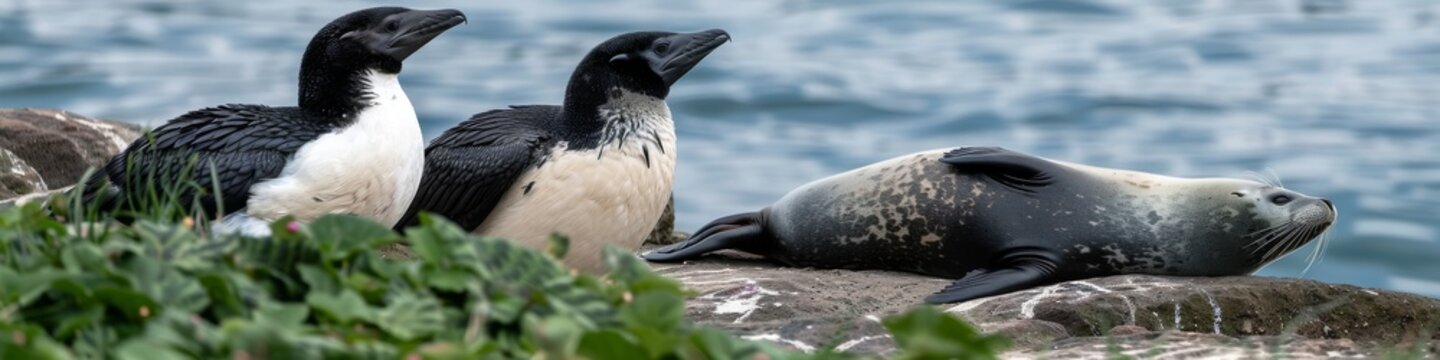 Coastal Wildlife with Razorbills and Seal on Rocky Shore, Representing Biodiversity and Natural Ecosystems