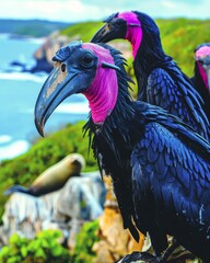 Vibrant Pink and Black Vulturine Birds with Seals on Coastal Cliffs, Colorful Wildlife and Marine Life Interaction