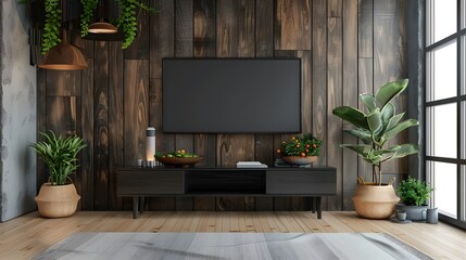 Interior mock up living room. cabinet for TV or place object in modern living room with lamp,table,flower and plant