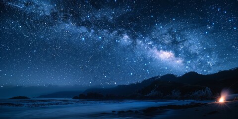 Majestic Milky Way galaxy illuminating the night sky over a serene beach with gentle waves, capturing the awe of the cosmos