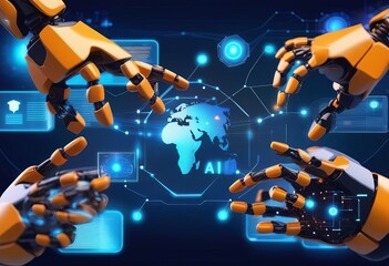 Digital world metaverse smart technology, AI artificial intelligence hands