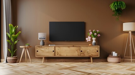 Interior mock up living room. cabinet for TV or place object in modern living room with lamp,table,flower and plant