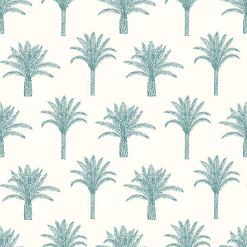 Seamless pattern with palm trees trees and leaves. Toile de Jouy retro engraving style.