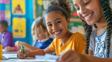A parent and child fill out forms at a school registration table surrounded by posters promoting extracurricular activities and sports teams. The childs eyes shine with excitement