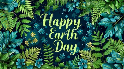 Happy Earth Day lettering with green leaves and flowers on dark blue background.