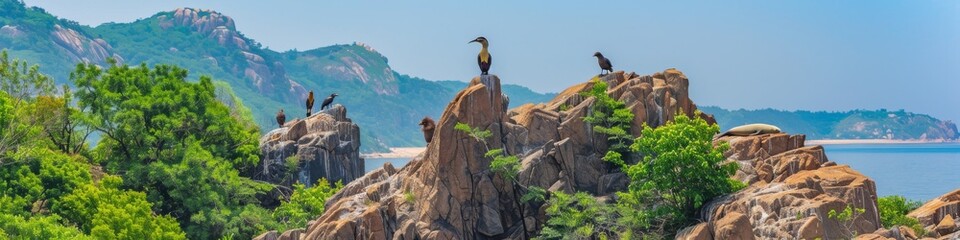Cormorants Perching on Rocky Coastal Cliffs with Clear Blue Sky and Sea in the Background - obrazy, fototapety, plakaty