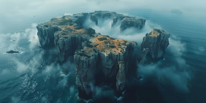 Mysterious island surrounded by mist and crashing waves, highlighting the rugged beauty and isolation of this remote landform in the ocean