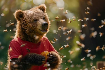 Foto op Aluminium Bear in red t-shirt eating honey and surrounded by bees, adorable and funny animal © Simn