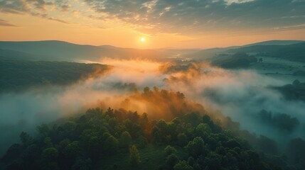 Aerial view of sunrise in a misty forest Golden sunset, mist in the mountains, flying over the...