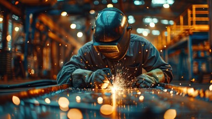 a professional masked welder in uniform working on a metal sculpture at a table in an industrial fabric factory in front of a few other workers.