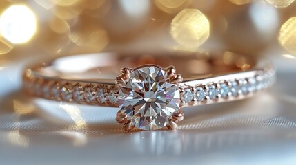 Fototapeta premium Vintage diamond engagement ring, white background product photography, soft lighting, beauty and fashion, wedding jewelry, rose gold