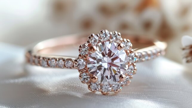 Vintage diamond engagement ring, white background product photography, soft lighting, beauty and fashion, wedding jewelry, rose gold