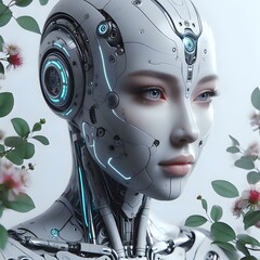 Beautiful cyborg in flower garden symbolizing era of Ai. Artificial intelligence in human life

