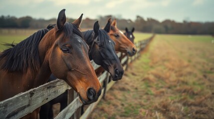 Naklejka premium horses - horses putting their heads together - equestrian group - horses on a field behind a fence