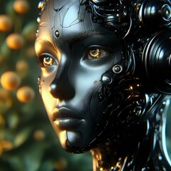 Beautiful cyborg in flower garden symbolizing era of Ai. Artificial intelligence in human life
