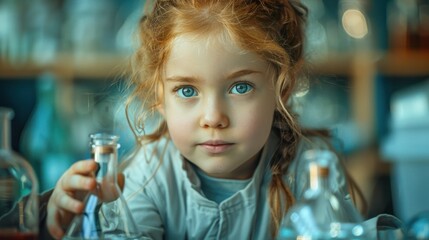 A cute little girl holds a microscope and holds a laboratory flask with a scientist testing water at school as an educational concept - Powered by Adobe