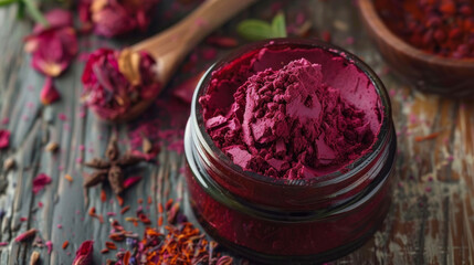 A jar of vibrant red herbal paste made from natural ingredients used for topical application and known for its antiinflammatory and painrelieving properties. - obrazy, fototapety, plakaty