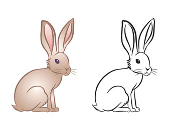 Cute rabbit isolated on white background. One illustration in color and the other in black and white. Animal symbol of Easter isolated on transparent background.