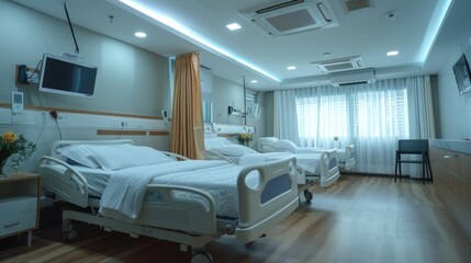 Maids make the bed in medical ward. Concept of comfortable and modern conditions for the medical stay of patients