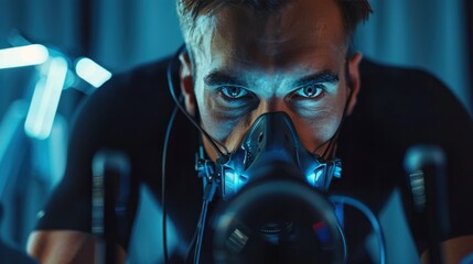 Male athlete wearing a respirator mask and electrodes Practice cycling simulator His cardiovascular system was examined at the doctor's office.