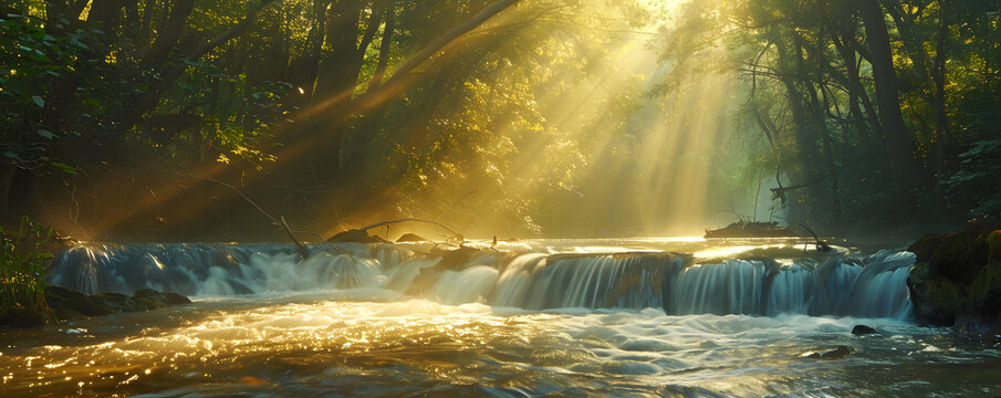 Morning rays of sunlight cascade through a lush forest canopy, dancing on the surface of a serene, flowing stream.