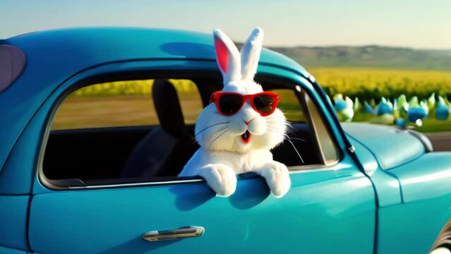 Cute Easter Bunny with sunglasses looking out of a car filed. Bunny in the car
