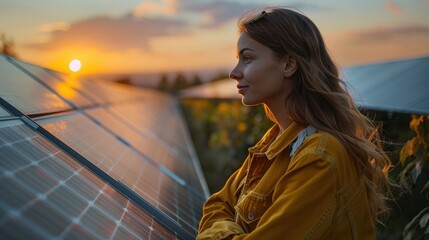A woman tracks energy production from a solar power plant with a digital tablet. View on the tablet screen with programs running.