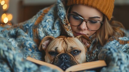 A young woman and a cute dog wear reading glasses while lying together under a blanket in the bedroom. Free time. The concept of friendship and pets.