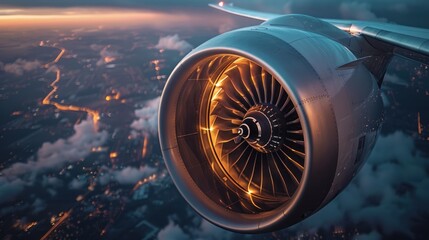 View the airplane's turbine engine in flight by zooming in. An aerial view of the plane showing the...