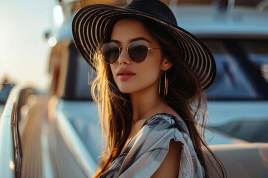 Young woman in sunglasses and hat on yacht