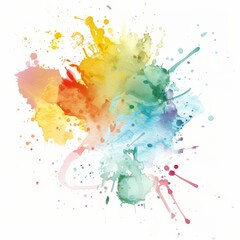 Rainbow-colored watercolor explosion with dynamic splatters on a white background.