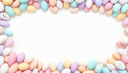 Obraz na płótnie Canvas Pastel Colorful Easter Eggs Frame, Copy space center white background