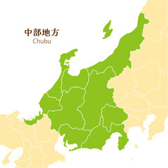 日本の中部地方、中部地方の各県と周辺の地図 - obrazy, fototapety, plakaty