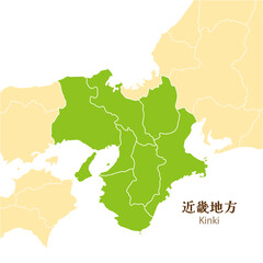 Fototapeta na wymiar 日本の近畿地方、近畿地方の各県と周辺の地図