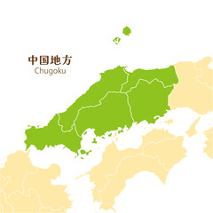 日本の中国地方、中国地方の各県と周辺の地図
