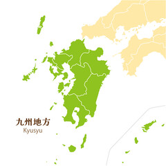 日本の九州地方、九州地方の各県と周辺の地図 - obrazy, fototapety, plakaty