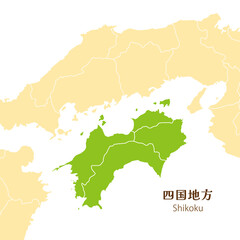 日本の四国地方、四国地方の各県と周辺の地図