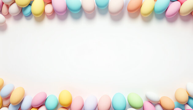 Pastel colorful easter eggs border on white background with a large copy space. 3D render illustration.