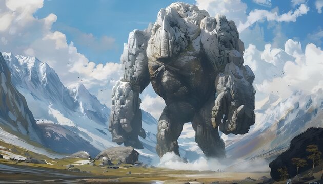 Fantasy stone giant made of rock standing in front of snowy mountains