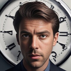 AI generative image of serious business man in front of clock face, representing focus and punctuality
