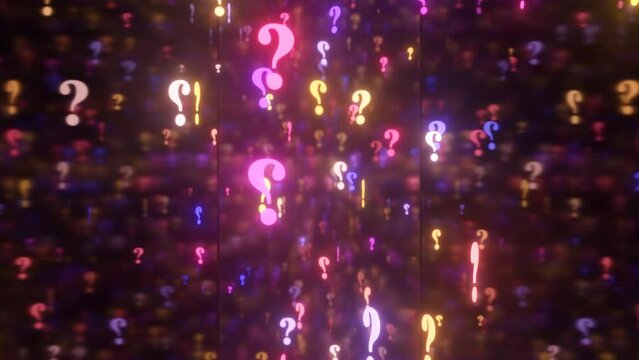 Falling Question Mark Symbols Neon Glowing Rotating Mystery Concept - 4K Seamless VJ Loop Motion Background Animation