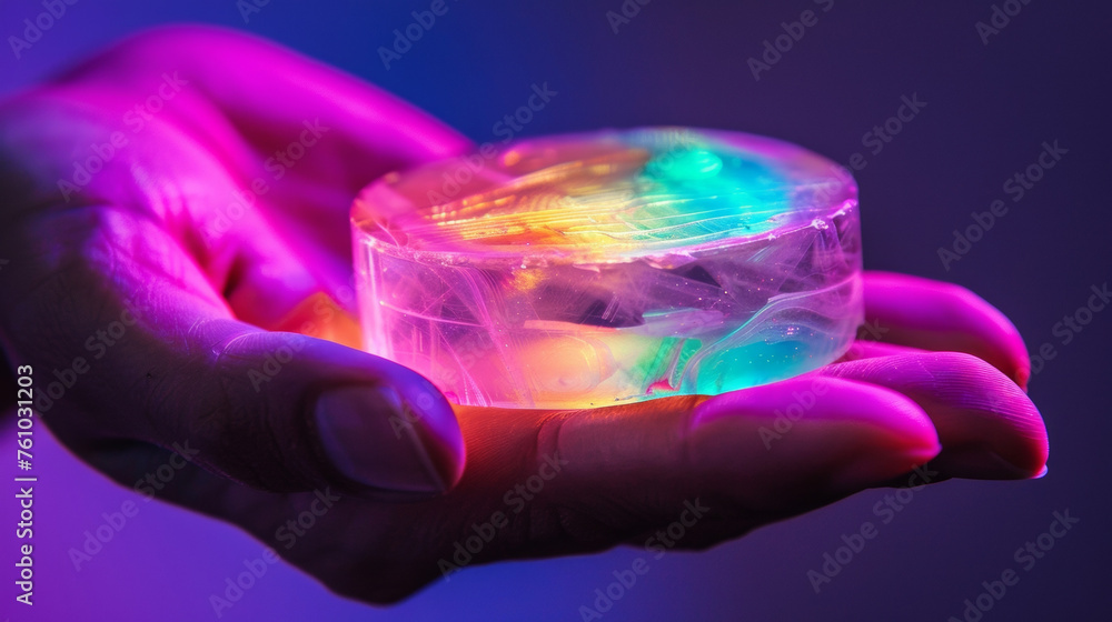 Poster a closeup of a hand holding a small aerogel disk with a colorful led light source p underneath. the 