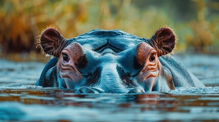 A hippopotamus swims gracefully in a river, its head visible above water, seeking relief from the African heat. - obrazy, fototapety, plakaty