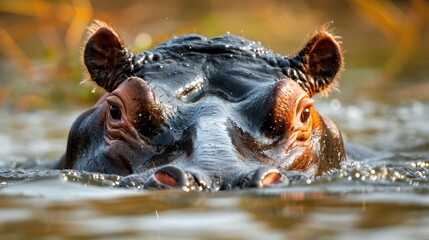 A hippopotamus swims gracefully in a river, its head visible above water, seeking relief from the African heat. - obrazy, fototapety, plakaty