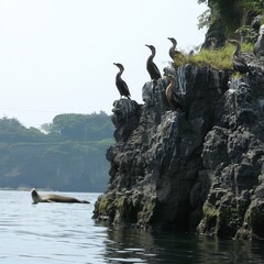 Flock of cormorants resting on dark, jagged coastal rocks with a seal lounging in the sea in the background